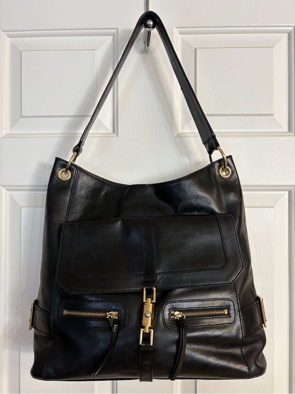 Maxx New York Multi-Pocket Black Leather Shoulder Bag